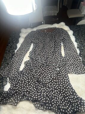 (Topshop) Polka Dot Ruffle Long Sleeve Dress - dark brown & White.